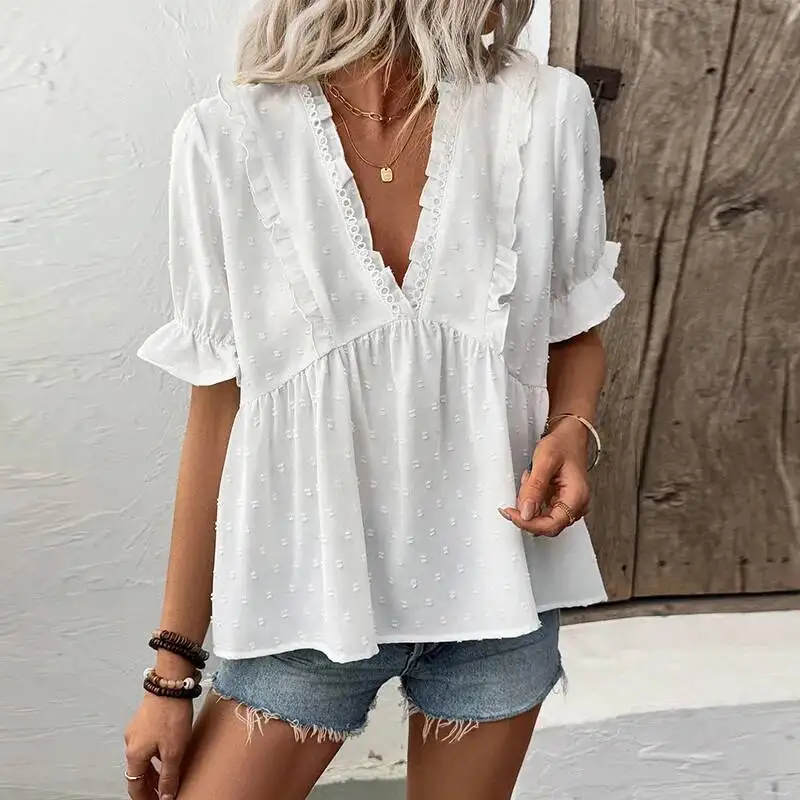 

Women's Shirt 2026 Summer Vacation Style Cut Flower Pom-Pom Short Sleeve Lace Shirt