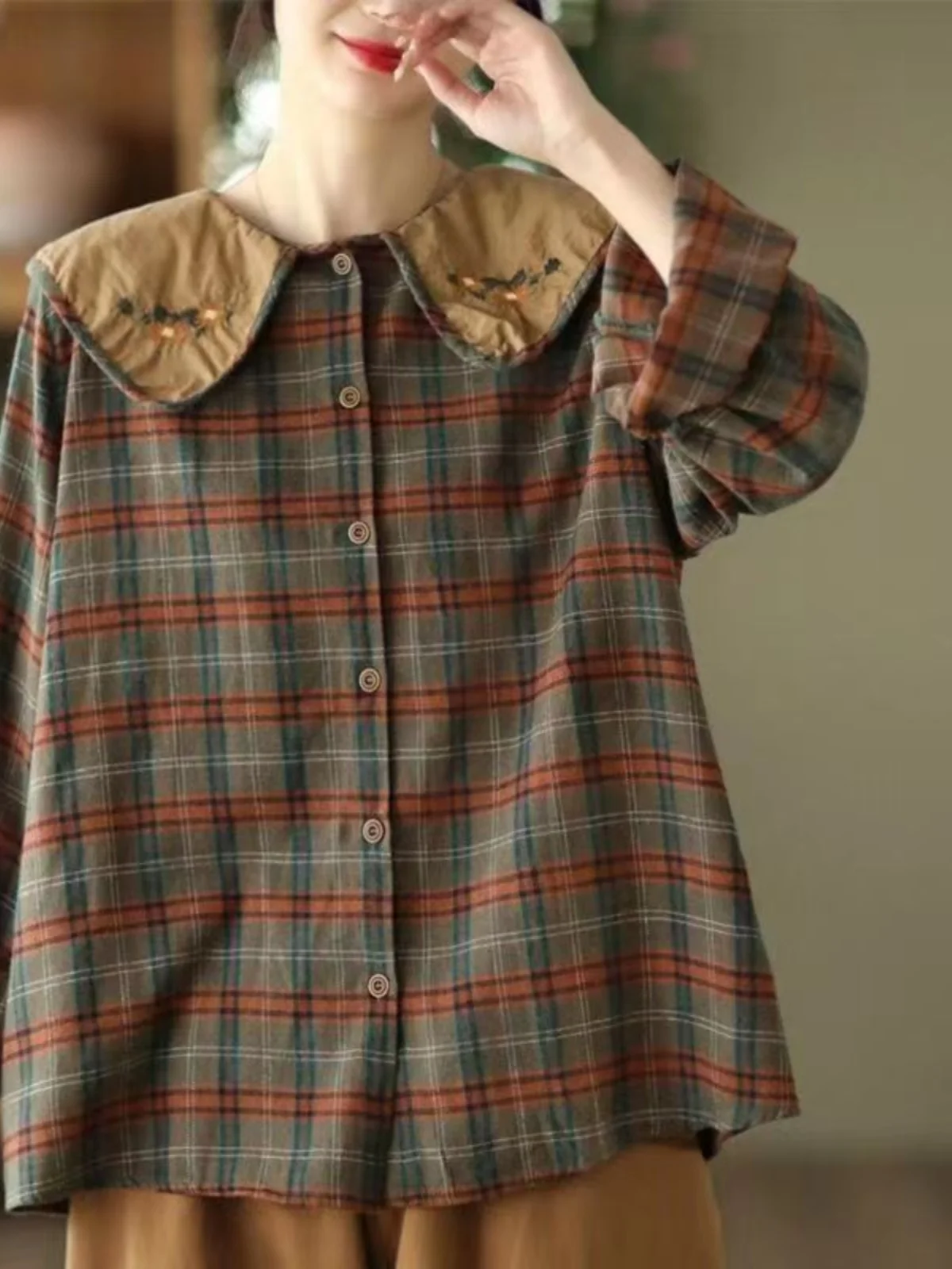 Vintage Embroidered Plaid Loose Casual Open Cardigan Doll Collar Shirt Women's Premium Quality Fashion Commute Style Autumn L...