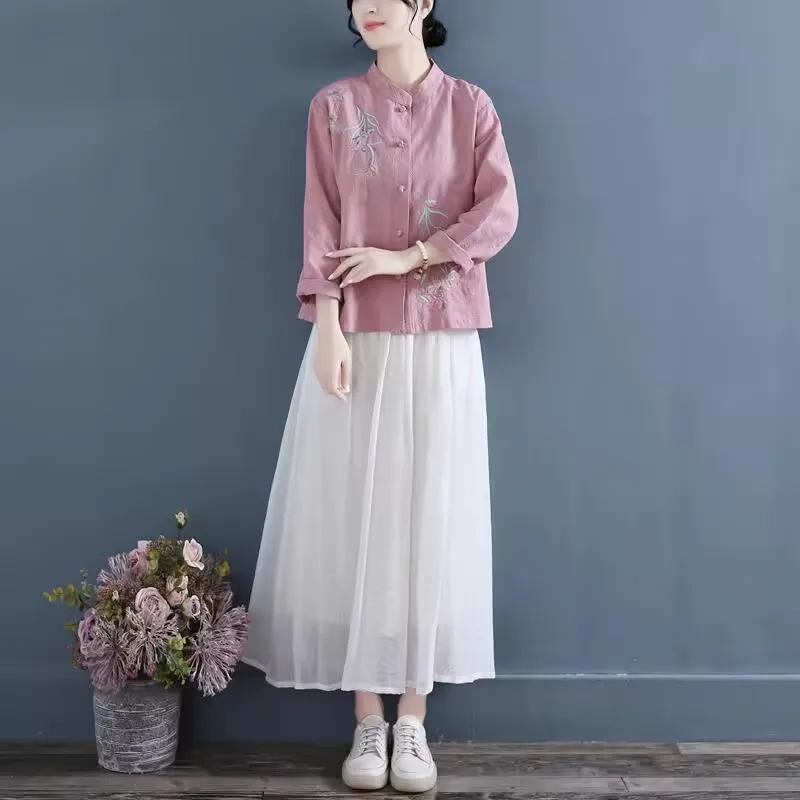 Kemeja Lengan Panjang Bordir Gaya Cina Wanita Katun Linen Kerah Tegak Pakaian Teh Vintage Kasual Atasan Wanita Hanfu