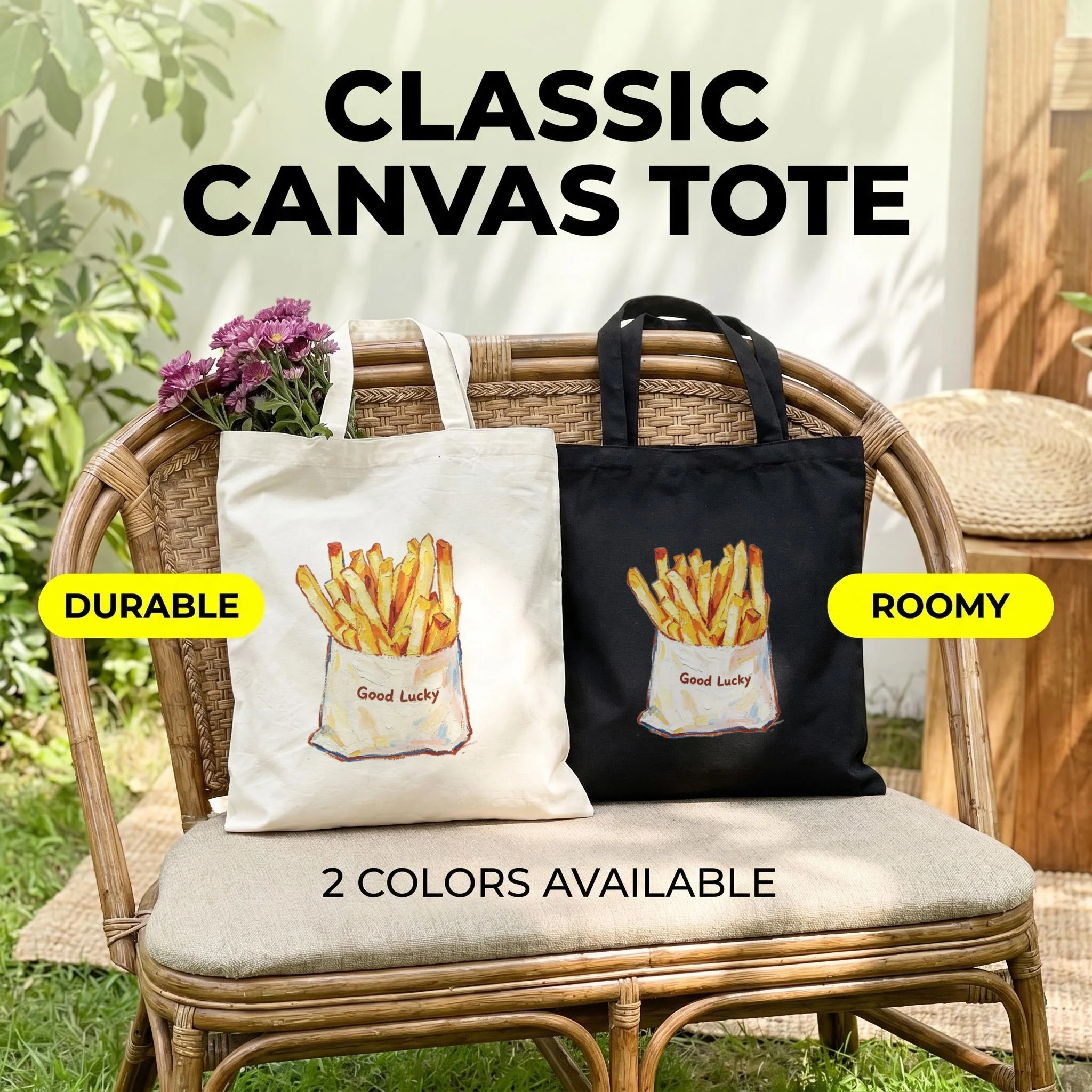

1PC Unisex Cute Snack Canvas Tote Bag Hand-Painted Golden French Fries Good Lucky Text Large Capacity Casual Bag