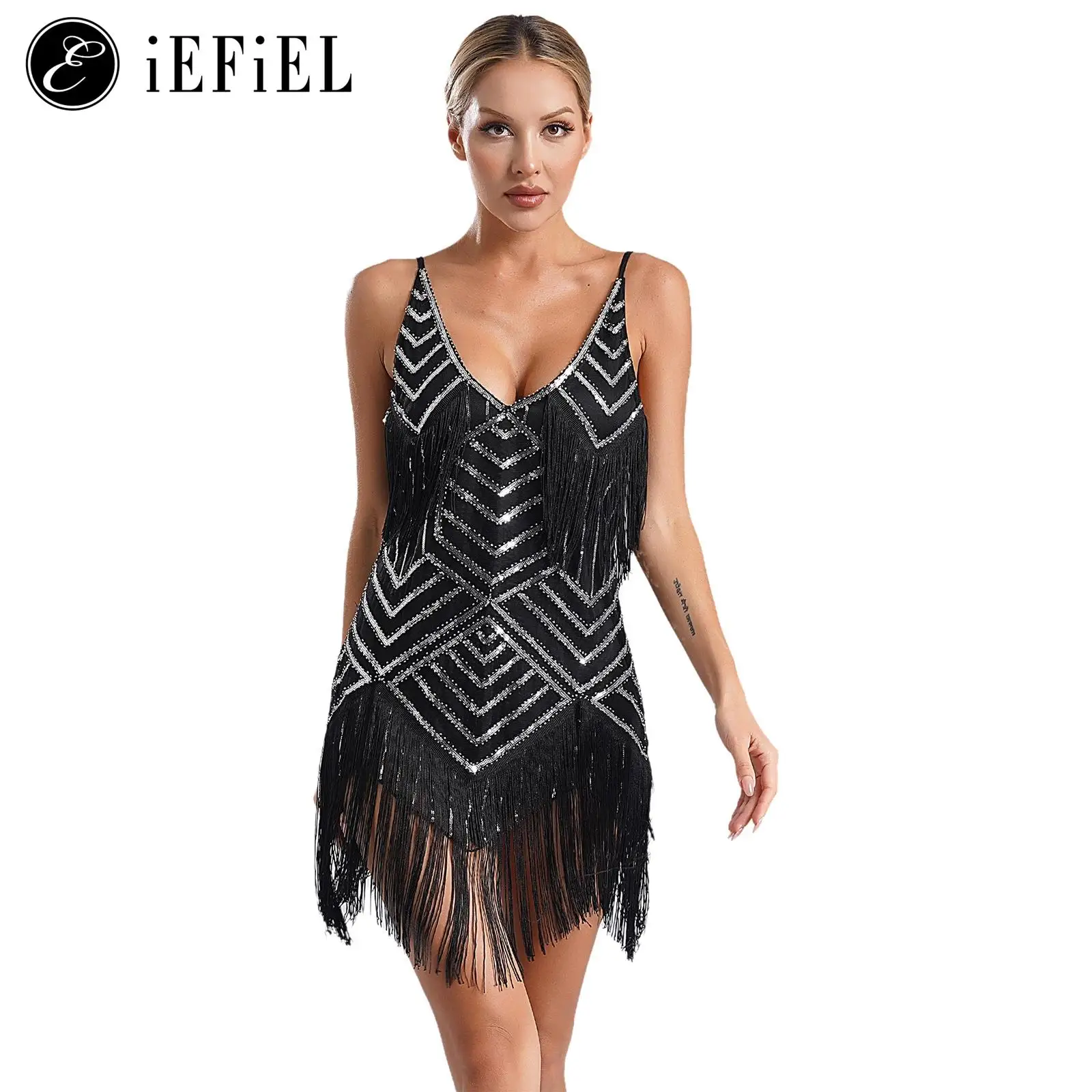 

Sexy Flapper Costume for Women Spaghetti Straps V Neck Tassel Dance Dress Latin Ballroom Competition Uniform Lyrical Dancewear