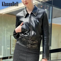 8.18 KlonasBell Women Vintage Distressed Genuine Leather Art Lapel Jacket Pocket Zipper Long Sleeve All-matches Short Coat