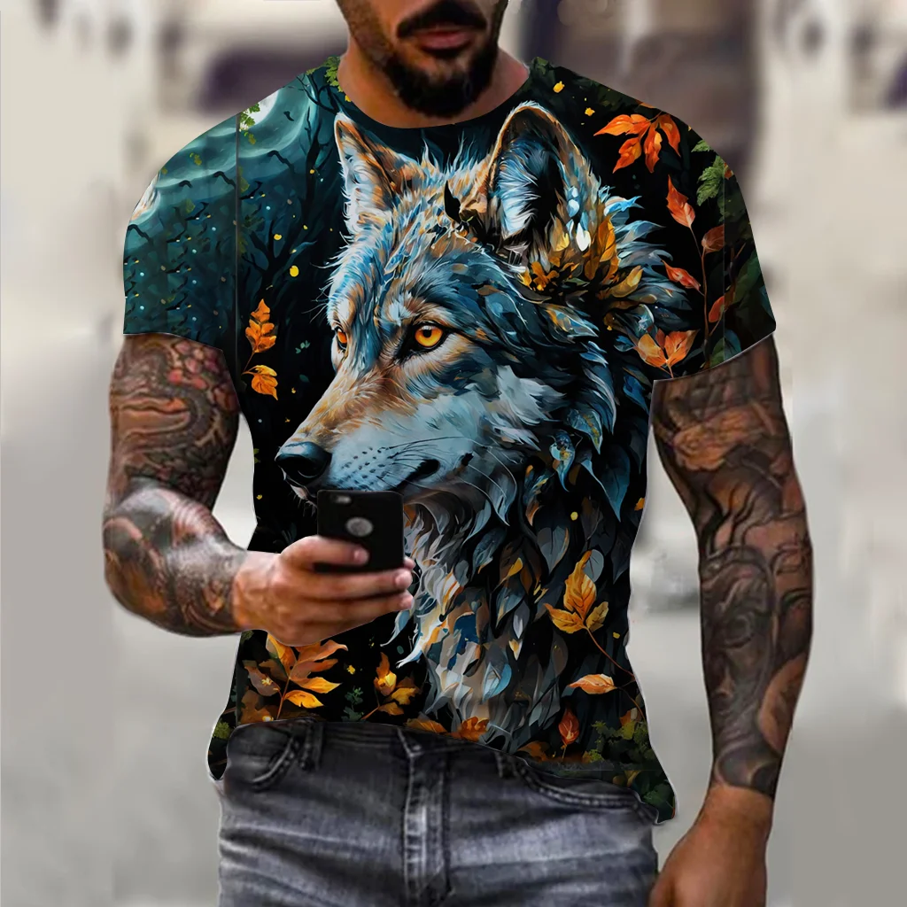 3D wolf beast print men and women casual short-sleeved T-shirt round neck fashion trend super cool men's daily new clothing