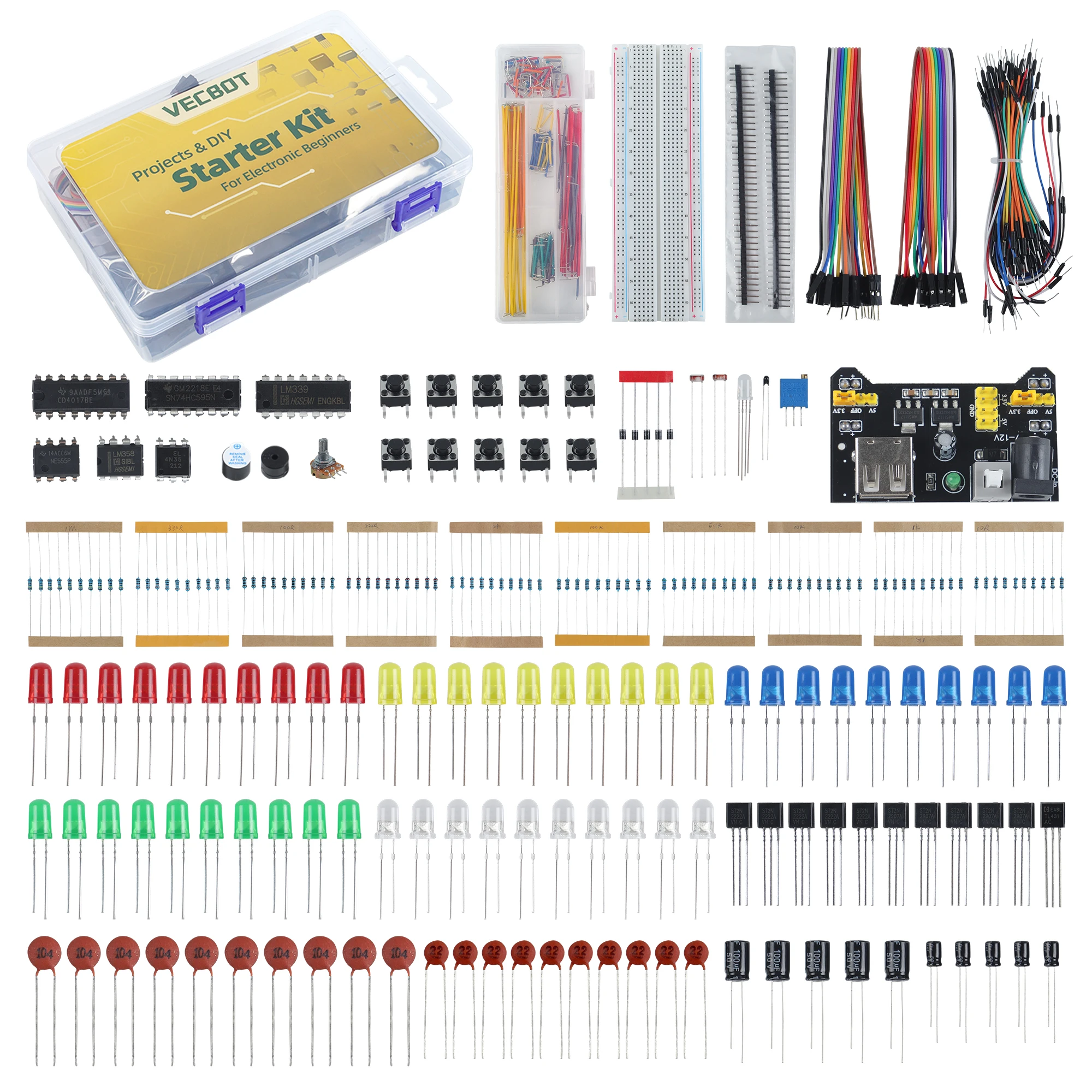 Vecbot Electronic Component Basic DIY Integrated Starter Kit with Jumper Wire, Breadboard, Buzzer, LED for Arduino UNO