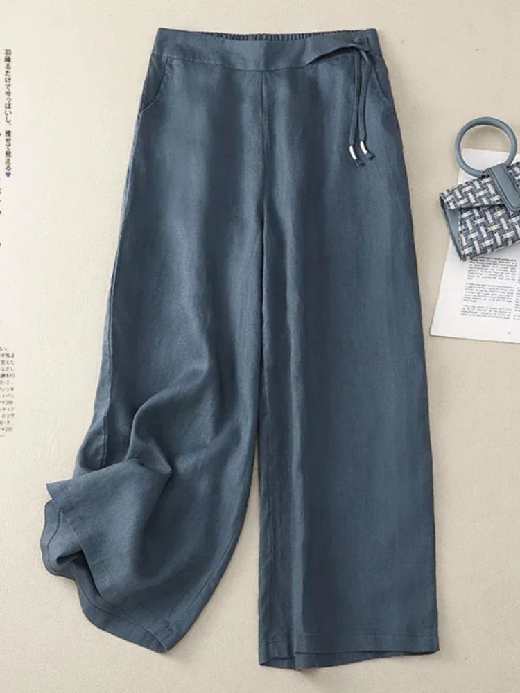 

Retro Artistic Summer Wide Leg Pants Women Elastic High Waist Cotton and Linen Casual Pants Loose Straight Yellow Women's Pants
