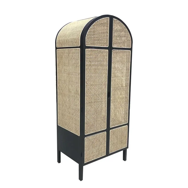 Bedroom rattan wood woven double-door wardrobe Source manufacturer Southeast Asia hotel double-door wardrobe