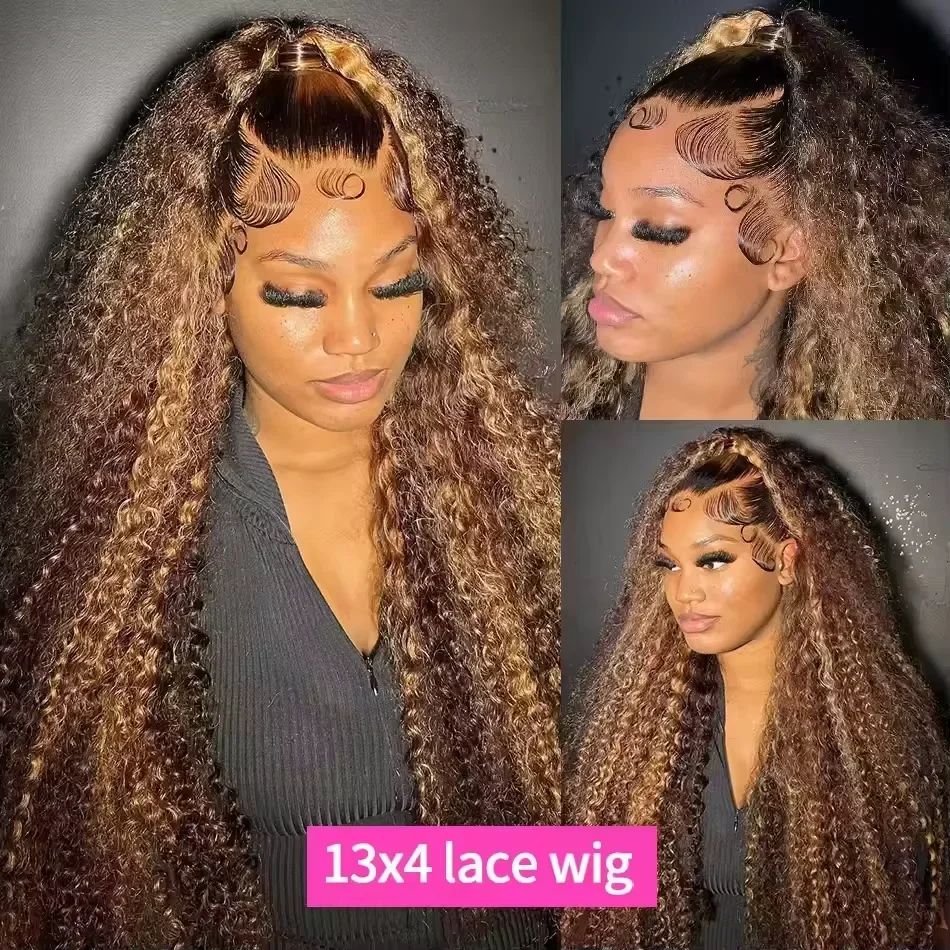 13x4 HD Deep Wave Lace Front Wig for Women Brazilian Ombre Glueless Human Hair 250% Density Highlighted Curly 4/27 Brown Pre-Plucked