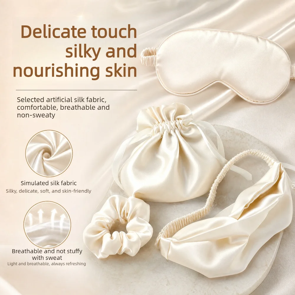 New Simulation Silk Eye Mask Four Piece Set Double-sided Silk Smooth Full Blackout Sleep Eye Mask Travel Storage Set Eye Mask view 4