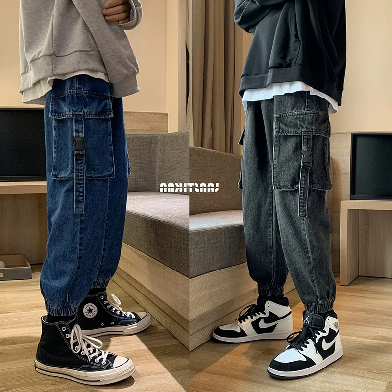 

Весенне-осенние свободные прямые мужские джинсы с множеством карманов, рабочая одежда, повседневные брюки, модные синие джинсовые брюки для студентов