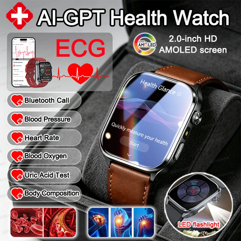 

2026 New AI-GPT Health Diagosis Smart Watch Men ECG Blood Pressure Blood Oxygen Lipid Uric Acid Health Analysis Smart Bracelet