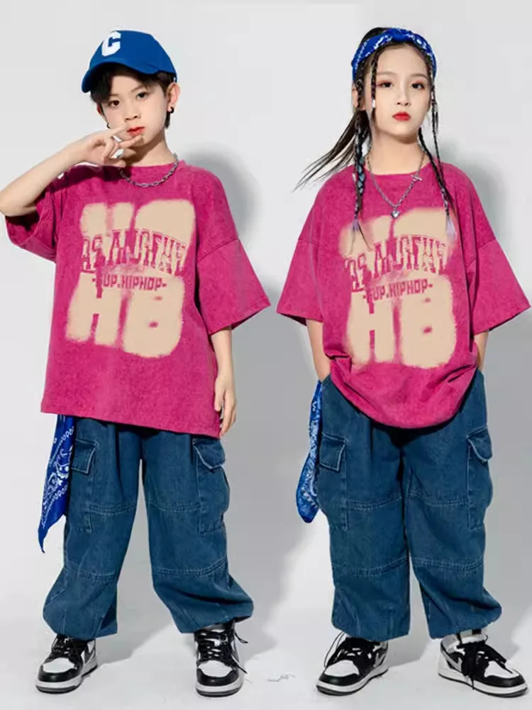 Boys Hip Hop Clothing Print Rose Shirt Jeans Cargo Pants for Girls Kids Jazz Dance Costume Clothes Set