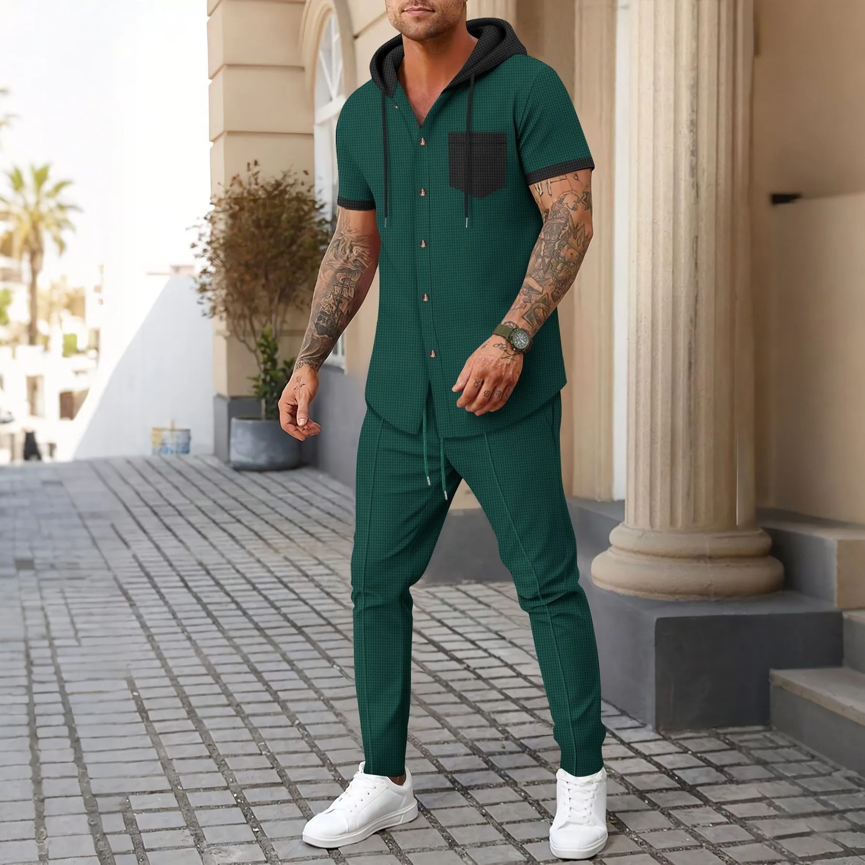 Cross-border Amazon independent website men's new waffle knit hooded small zipper casual long-sleeved top and long pants two-pie view 4