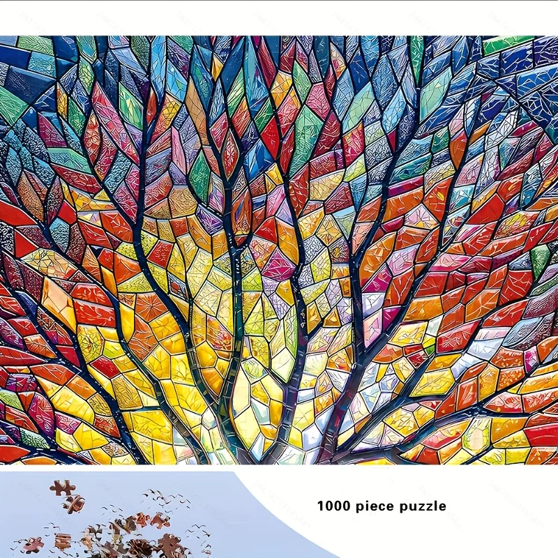 Vibrant Mosaic Art with Stained-Glass Style Design - 1000pcs Tree of Life Jigsaw Puzzle - Thick & Durable Sturdy Pieces - Chal