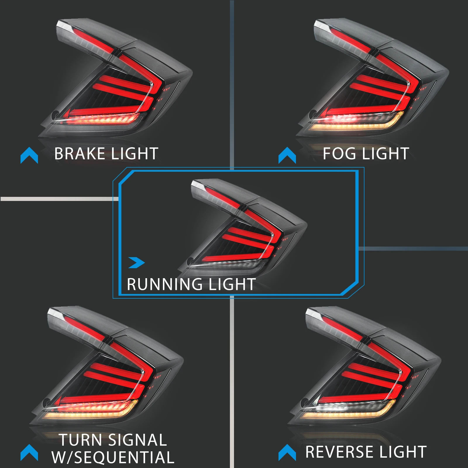 LED Tail Light Assembly DRL Start-up Dynamic Running Lamp+Brake+Turn Signal For Honda Civic Type R 10th Hatchback 2016-2021