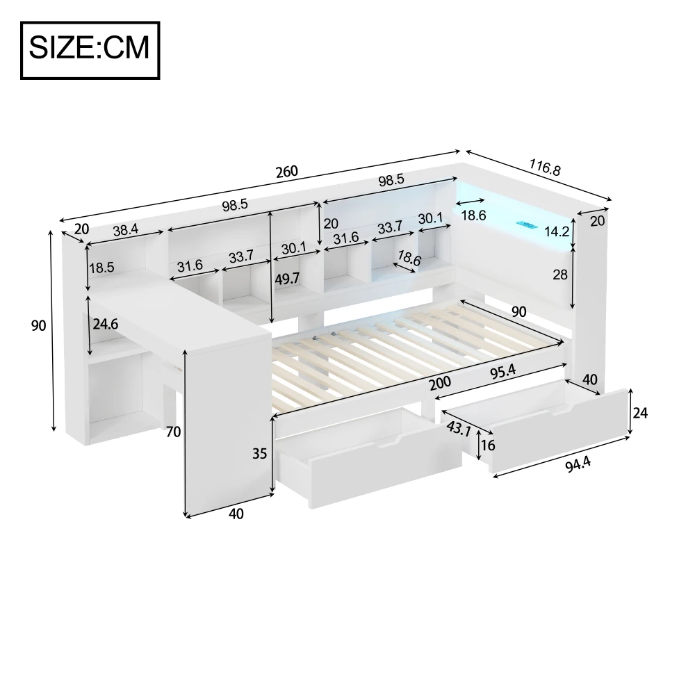90x200 L-förmiges Plattformbett aus Holz mit Schreibtisch und Bücherregal, Eckkapitänsbett mit gepolstertem Kopfteil, Schubladen, LED-Licht – Detail 7