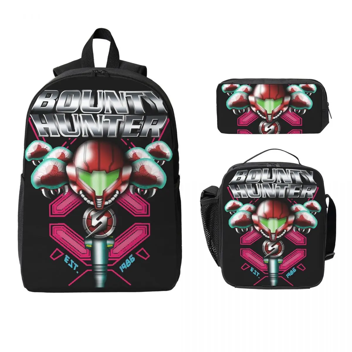 Hunter Samus Metroid Samus Aran Backpack Student Boys Girls BookBag School Bag Shoulder Bags 3ps Insulated Lunch Bag Pencil Case