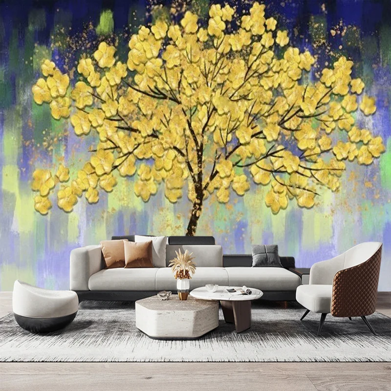 Modern Aesthetic Hand-Painted Gold Lucky Tree Flower Oil Painting Background Decoration Picture For Wall Sticker Mural Painting