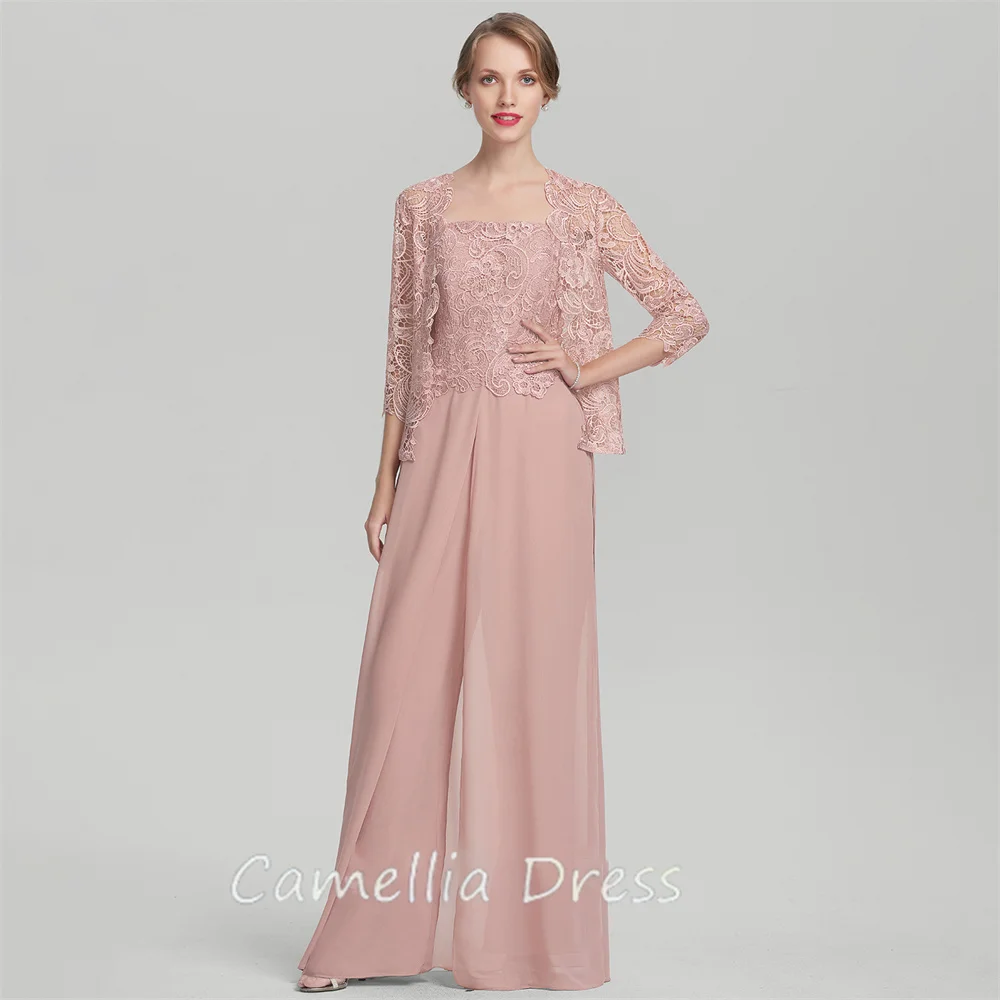 New Square Neck Mother Of The Bride Dress Jumpsuit Floor-Length Chiffon Lace Formal Dresses Vestidos Mae Da Noiva Casamentos