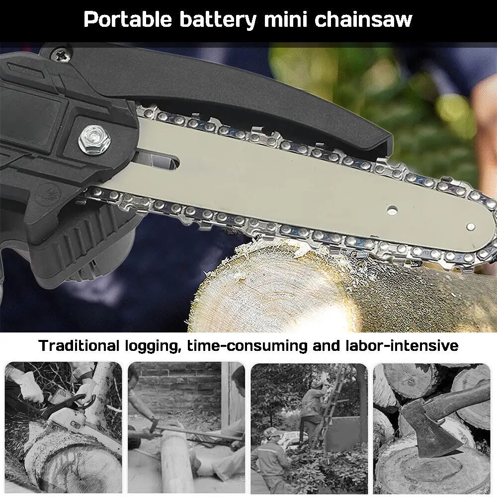 6 Inch Mini Electric Chainsaw Handheld Portable Rechargeable Lithium Garden Woodworking Electric Chainsaw Cutting Power Tool