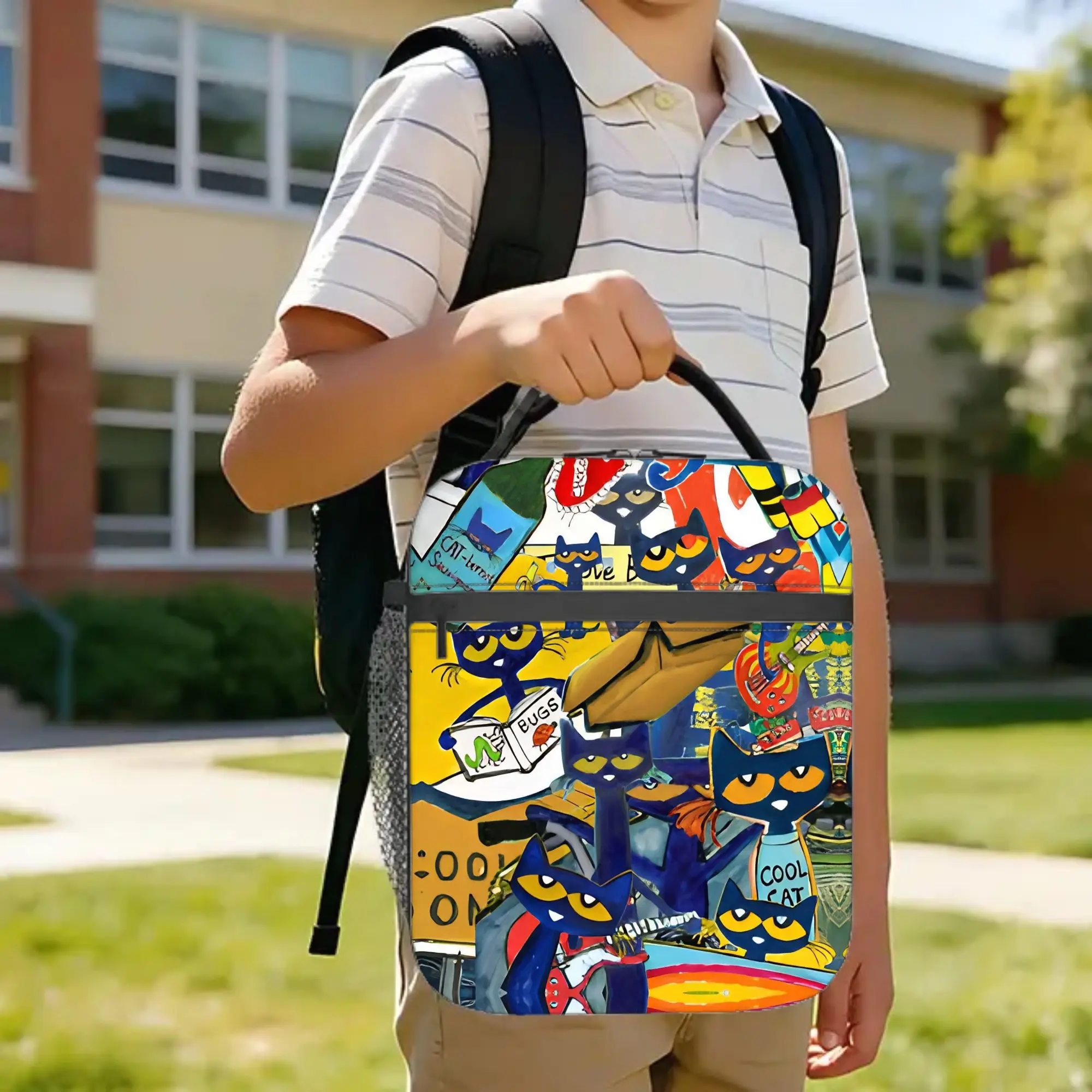 Cool Kitten Pete the Cat Insulated Lunch Bags Cooler Bag Reusable,Lunch Container  High Capacity Tote Lunch Box Food Storage Bag