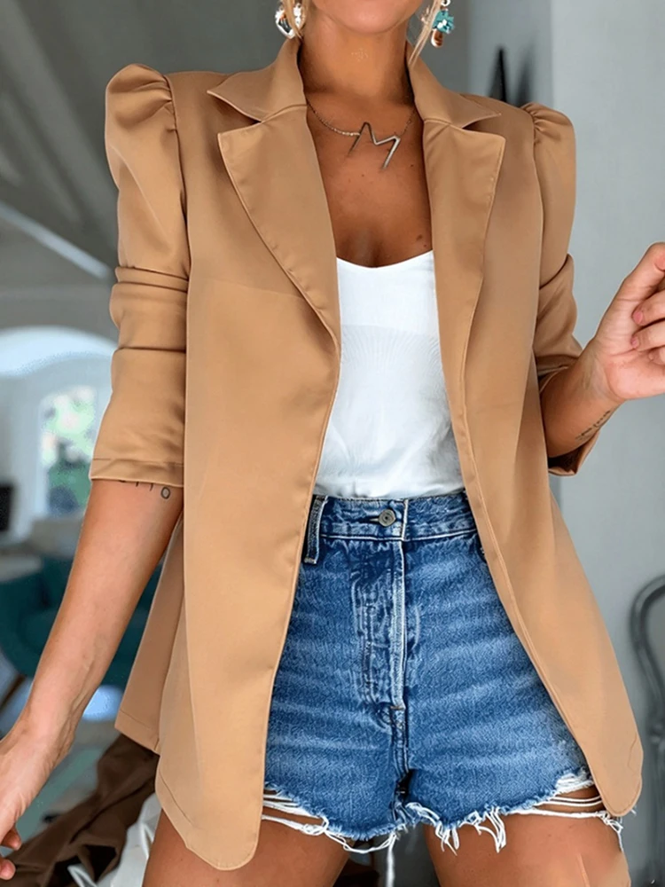 Simple Solid Color Buttonless Office Commuting Jacket Fashion Collar Bubble Sleeve Outwear 2026 Autumn Comfortable Outdoor Coat