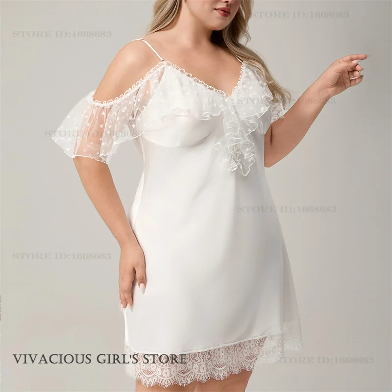 

Elegant French Style Nightgown Women Sleepwear SEXY White Lace Lingerie Night Dress PLUS SIZE Silk Satin Home Clothes Loungewear