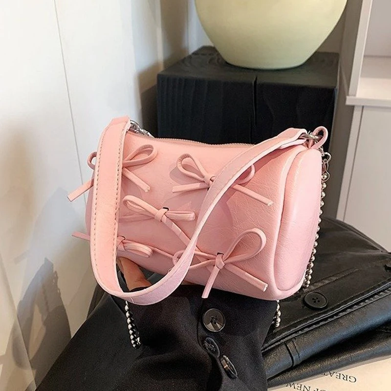 Cute little bow tie design crossbody bag for women 2024 new silver pink armpit small square bag handbag PU leather shoulder bag