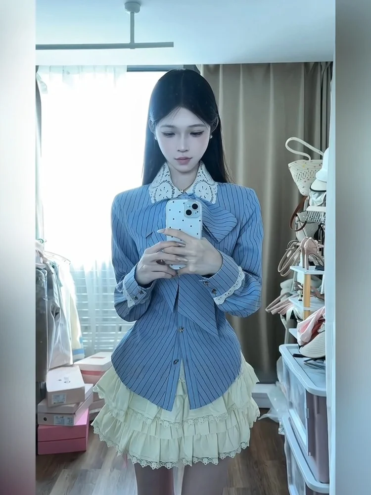 

Syj Shuyijia plus Size Shirt And Skirt Set Striped High Waist Puffy A-Line Skirt Early Autumn Fashionable Women's Outfit