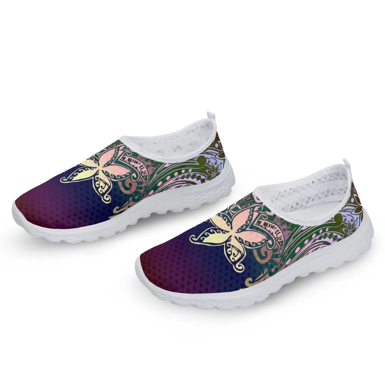 INSTANTARTS Tribal Polynesian Plumeria Flower Prints Flat Shoes for Women Light Slip-on Casual Loafers Summer Cool Mesh Sneakers