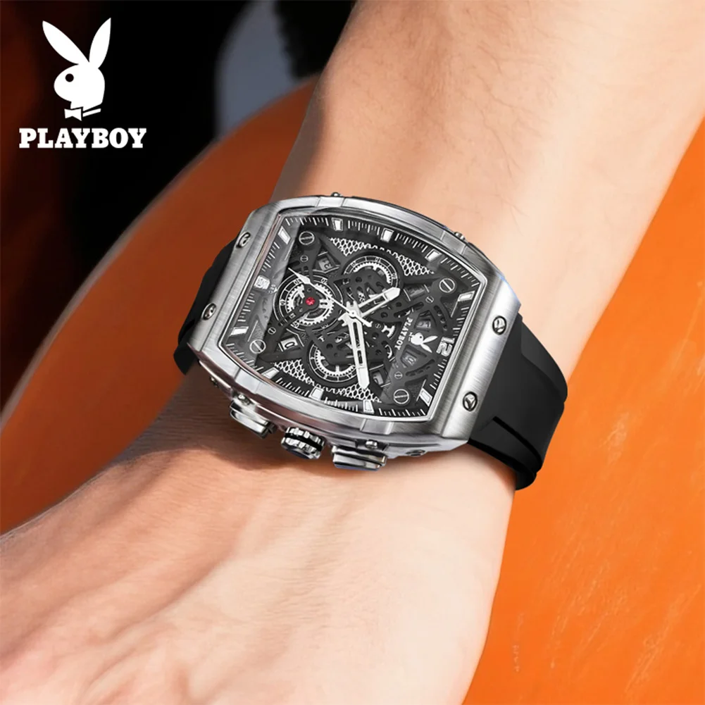 PLAYBOY Watches Man Waterproof Luminous Tonneau Skeleton Quartz