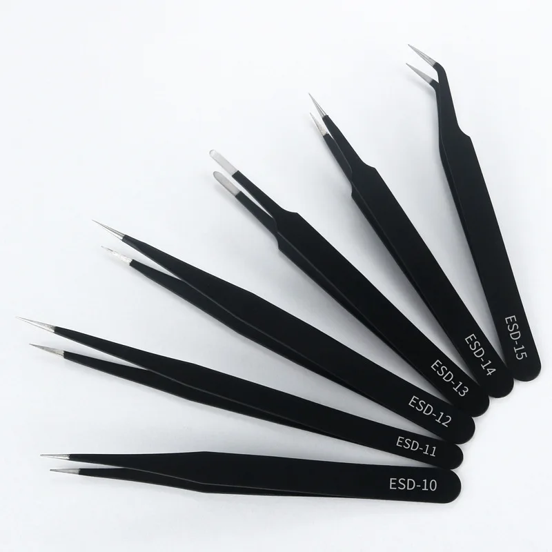 6-Piece Precision ESD Anti-Static Tweezers Set - Stainless Steel Electronic Repair Tools for PCB, Craft Modeling & Bending