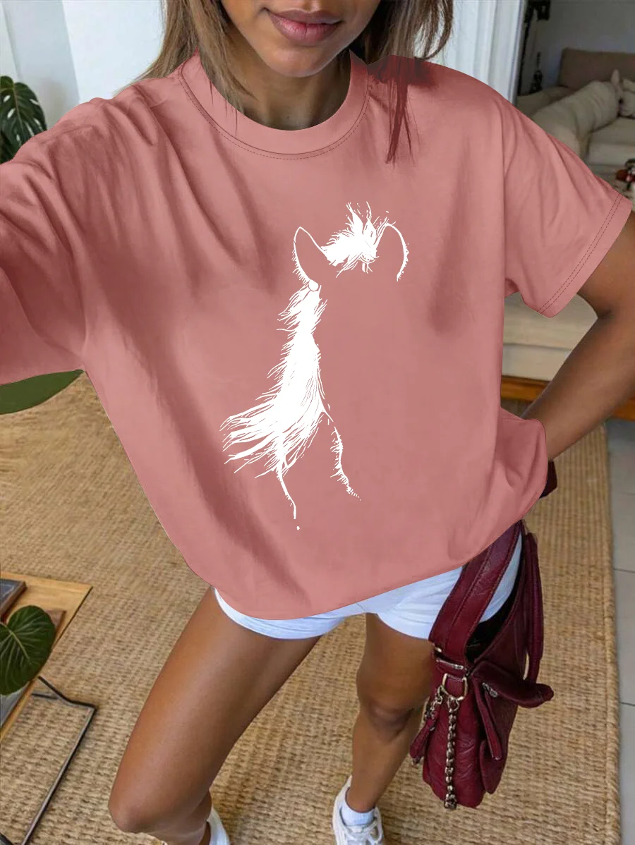 プラスサイズ レディース ブラッシュピンク 半袖Tシャツ、スタイリッシュな馬の頭グラフィックプリント、トレンディでシックなカジュアルトップ