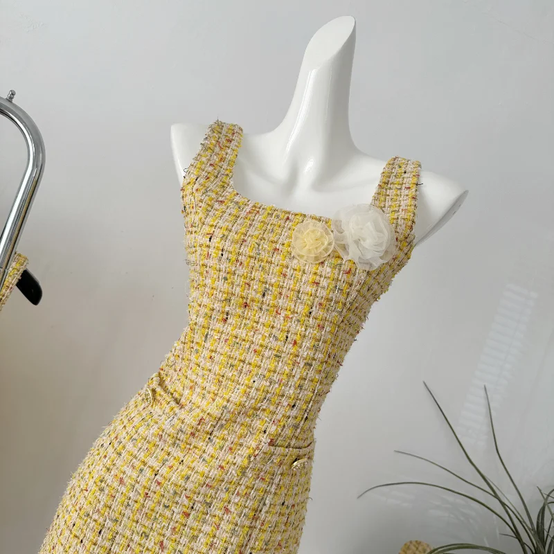 Robe émaillée parfumée à encolure carrée pour femme, mini robe femme chic française, tweed simple, mode de fête, jaune, petit, été