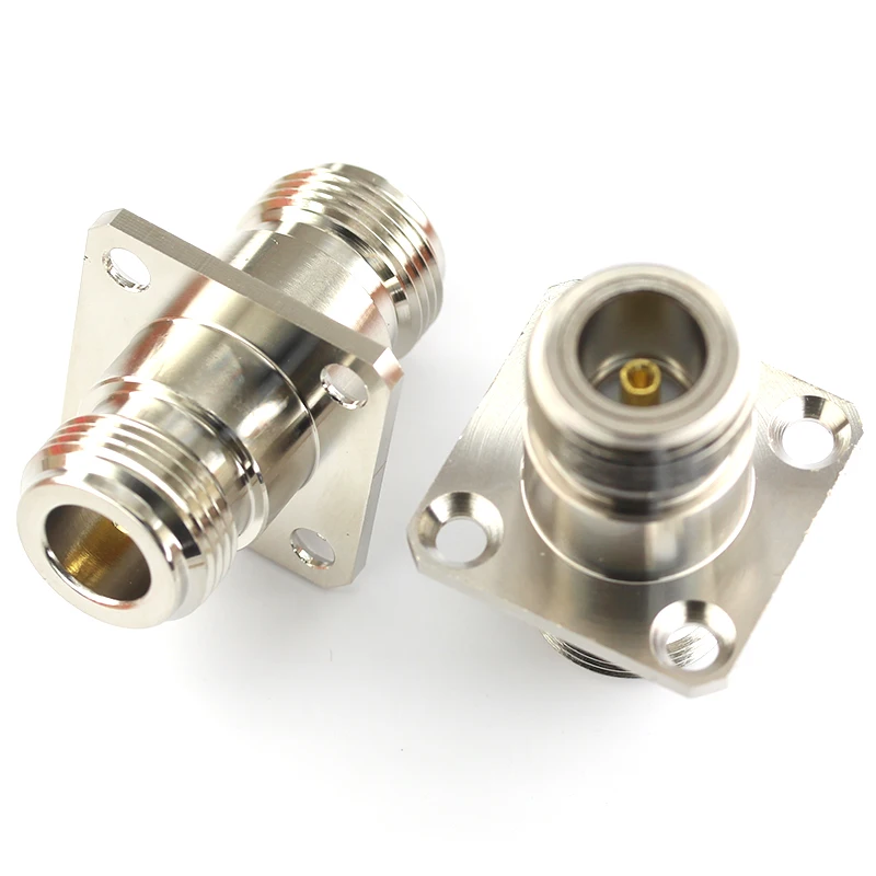 1pcs N-type female connector with double outlets, N-KKF, with flange and four holes in a square shape, adapter connector