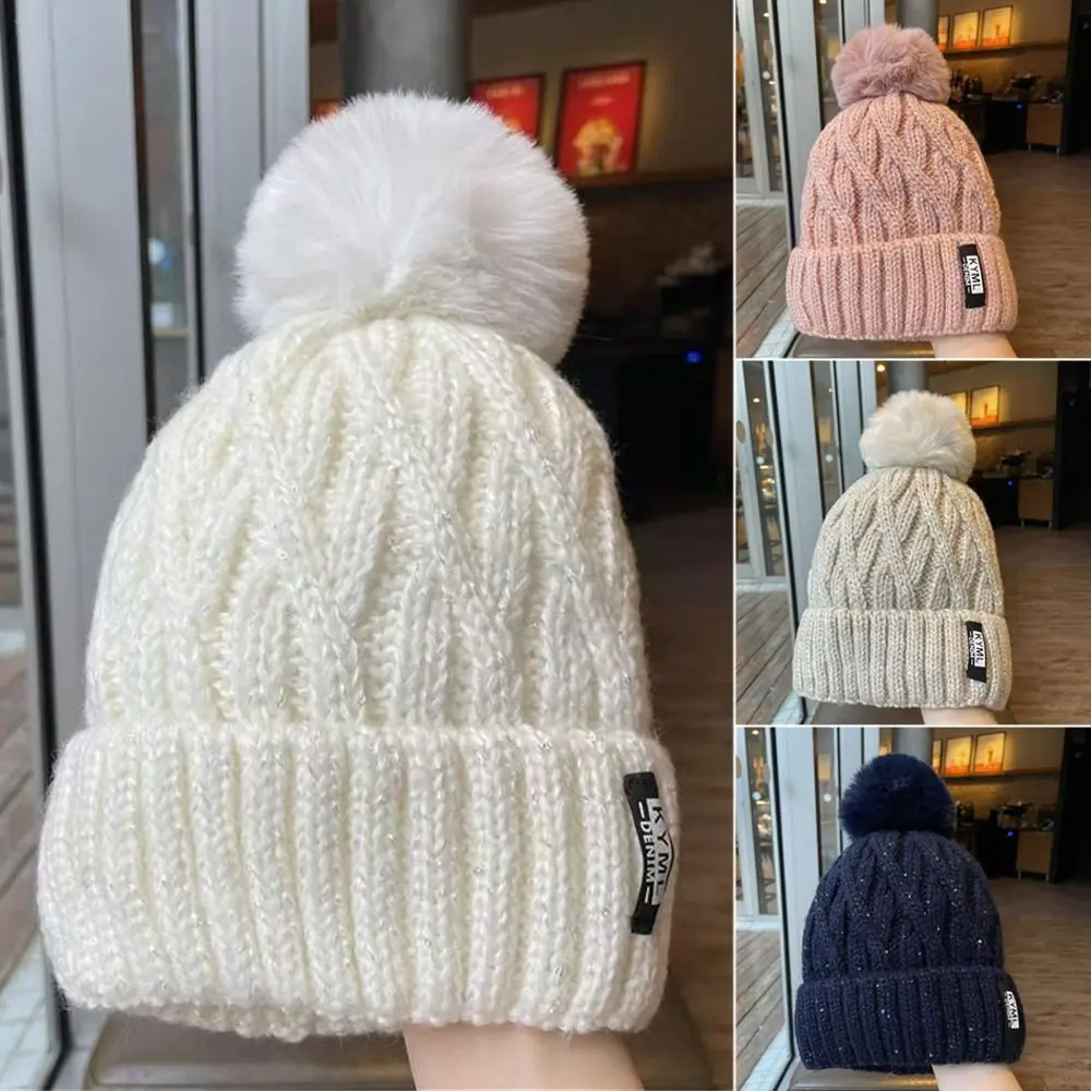 Casual Thickened Winter Hat Keep Warm Knitted Cap Pompoms Hat Women