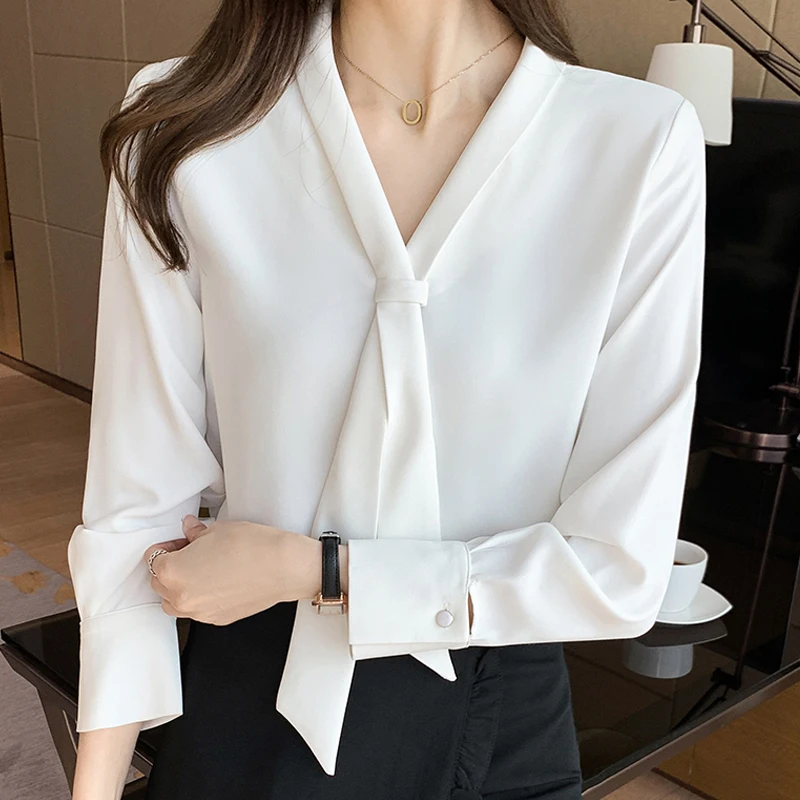 Long Sleeve Chiffon Blouse Shirt Blouse Women Blusas Mujer De Moda 2024 Bow V-Neck Office Lady Blouse Tops Women Blouses E203