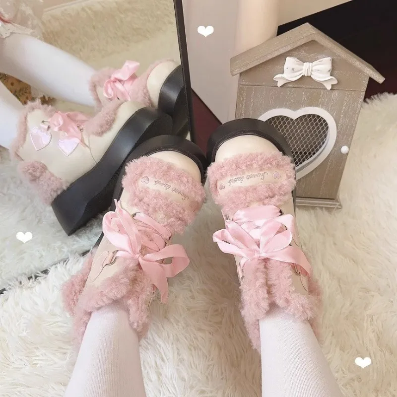 2024 Winter Platform Shoes Lolita Women Boots Plush Lovely Japanese Style Leather Shoes College Pink Bow Thick Sole Ladies Boot