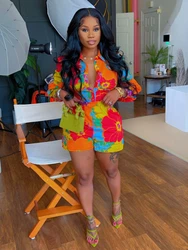Leosoxs Women's Set Full Sleeve Floral Print Shirt and Pencil Shorts Suit 2024 Summer Street Two 2 Piece Set Outfit Tracksuit