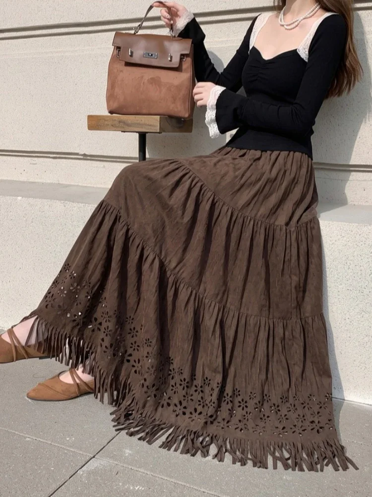 Elastic Waist Ruched Fringe Trim Hollow‑Out A‑Line Midi Women's Skirt 2026 Autumn Casual Medium‑Long Relaxed Fit Half Skirts