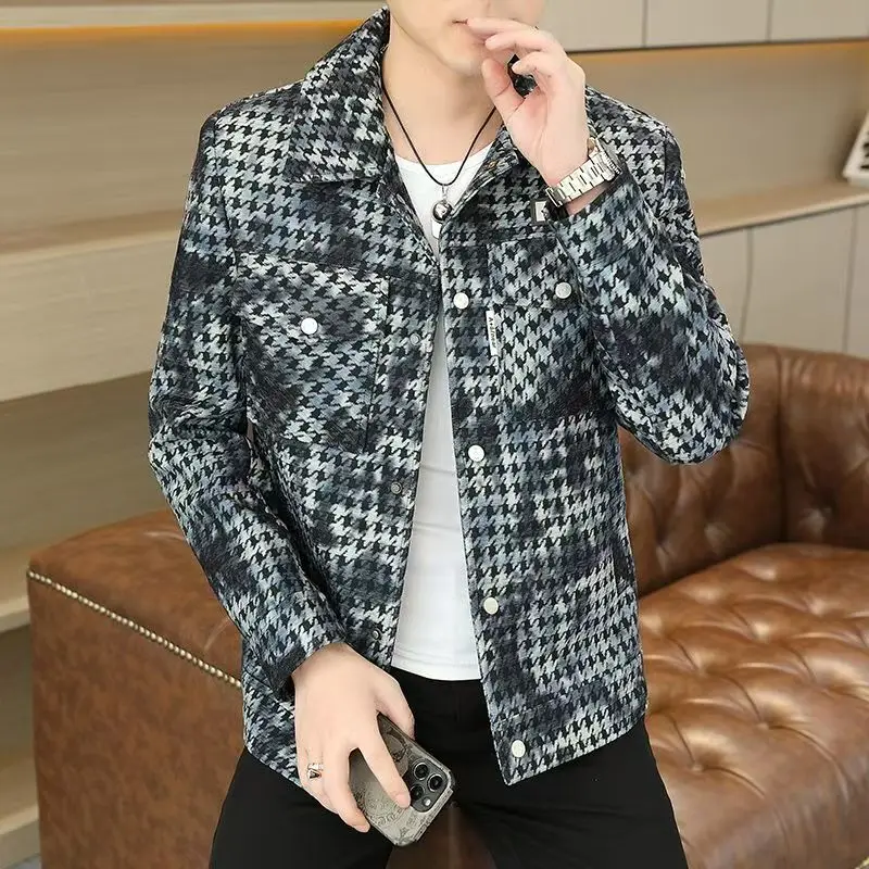 Spring Autumn Men Jackets Overisized High Street Fashion Pocket Design Houndstooth Harajuku Korean Style Tops Casual Coats