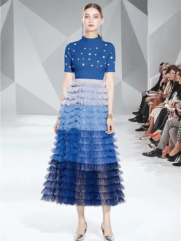 Autumn Fashion Runway Two Piece Set Women Pearls Golden Buttons Knitted Top + Elastic Waist Tulle Tiered Puffy Mesh Long Skirts