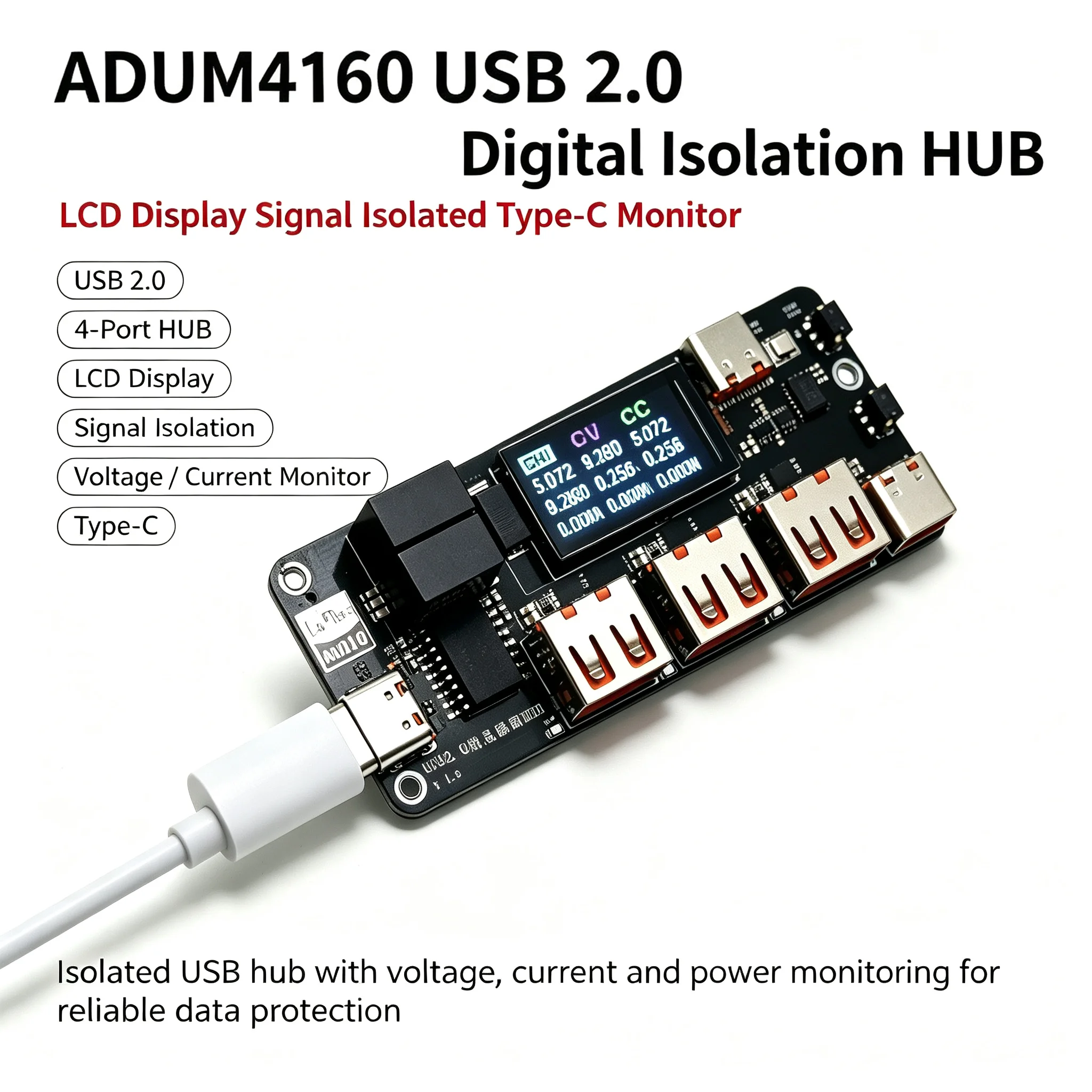 DYKB ADUM4160 Digital Isolation USB2.0 HUB LCD Display Signal-Isolated USB TypeC Monitor Voltage/limits Current Isolator-protect