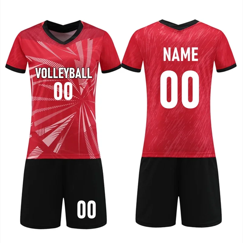 Women Volleyball Jersey Set Short Sleeve Volleyball Uniform V-neck Shirt Double Pockets Shorts Kit Female Athletic Training Suit