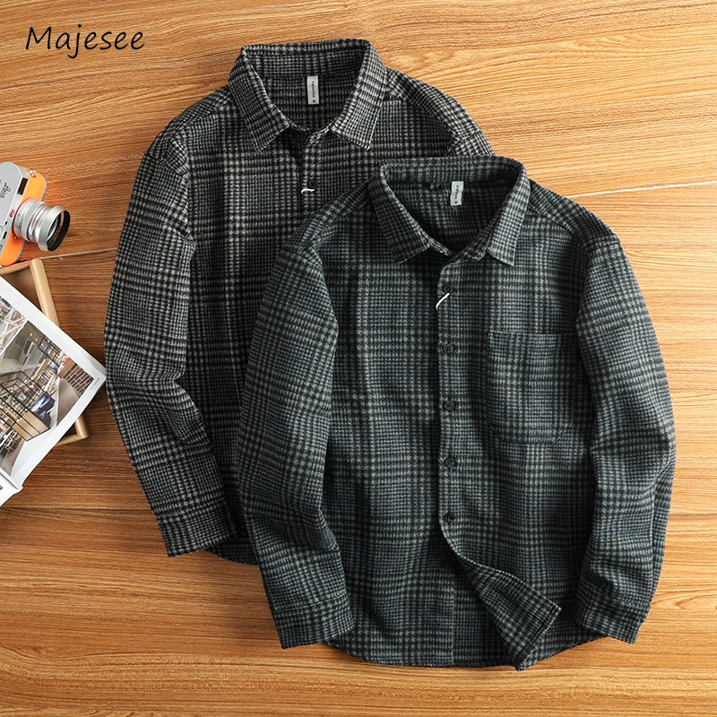 Plaid Shirts for Men Baggy Vintage Long Sleeve Woolen Tops Handsome British Style Smart Casual Autumn Winter Fashion New Рубашки