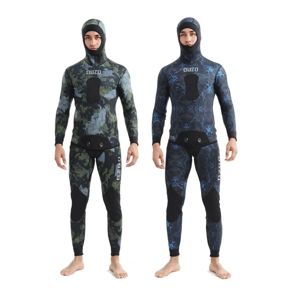 Traje de buceo de camuflaje con capucha para hombre, traje de neopreno de 5MM, traje de pesca de protección cálida para invierno, ropa de buceo de