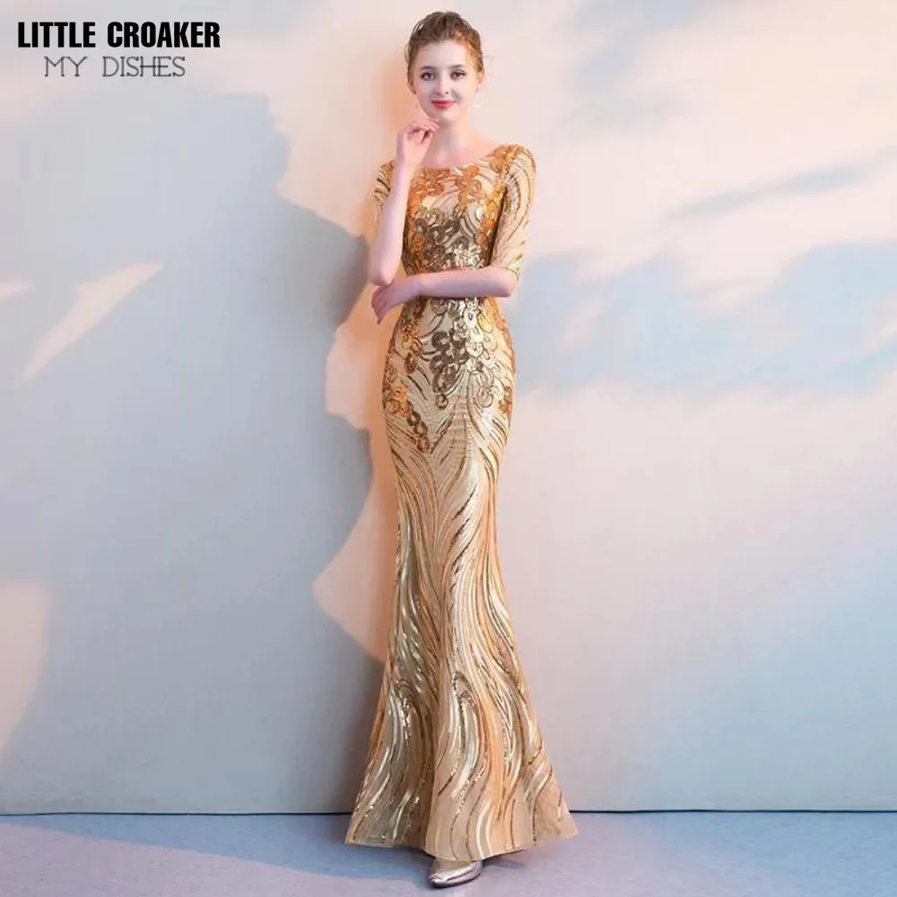 2024 S-3XL Women Gold Half Sleeve Dold Sequin Elegant Evening Dress Party Mermaid Prom Dress Ladies Dress Women Elegant Luxury