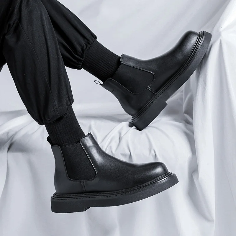 men's casual business wedding formal dress chelsea boots black platform shoes genuine leather winter snow boot warm ankle botas