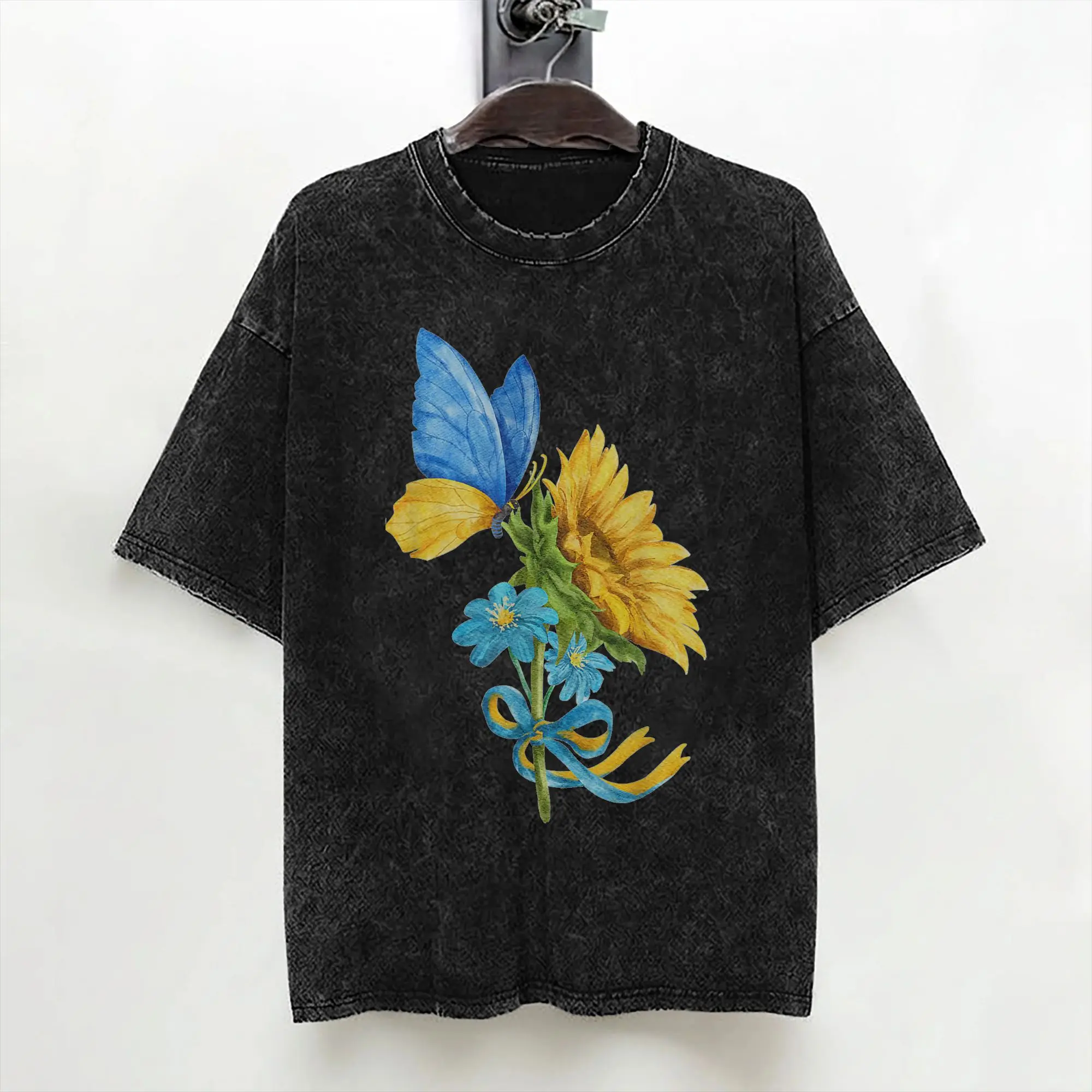 Sunflower Ukraine Flag Butterfly Ukrainian Flag T Shirts Washed Cotton T-Shirt Vintage for Men Women Streetwear Printed Tees