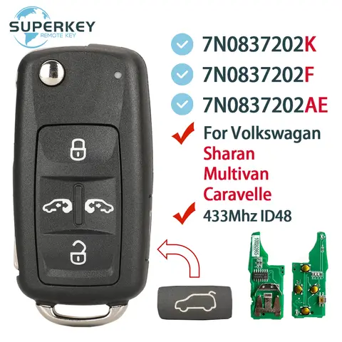 For VW Volkswagan Sharan Multivan T5 Caravelle 5 Buttons Remote Car Key Fob 433Mhz ID48 Ask 7N0837202K 7N0837202F 7N0837202AE