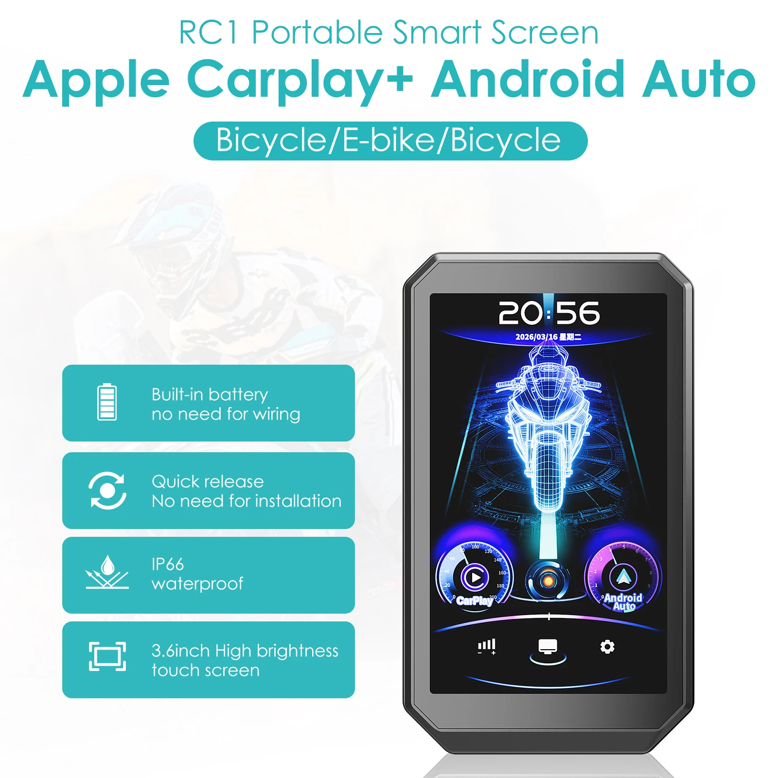 Image of 3,6 Zoll Fahrrad- & Motorrad-Portables Smart-Display IP66 Kabelloses Carplay Android Auto 3000mAh Akku Navigation GPS Stereo